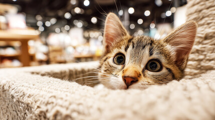 Close-up of playful kitten peeking from cozy pet bed on store shelf with soft fur and fabric texture in warm lighting