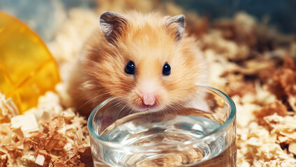 Close-up of golden hamster drinking from water bottle inside cage with wood shavings and toy exercise wheel