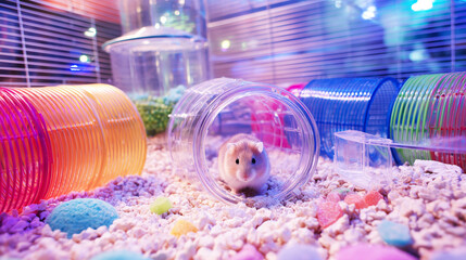 Close-up of modern hamster cage interior with water bottle, tunnels, and accessories under bright pet store lighting