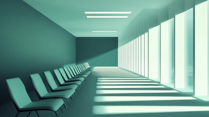 Fototapeta premium Modern corporate meeting room with large wooden conference table, ergonomic office chairs, blank presentation screen, and minimalist decor in contemporary office interior