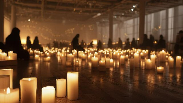 Candlelit Ceremony with People Amidst Numerous Glowing Candles in Dimly Lit Hall