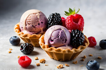 Delicious Mixed Berry Ice Cream Scoops in Waffle Cones