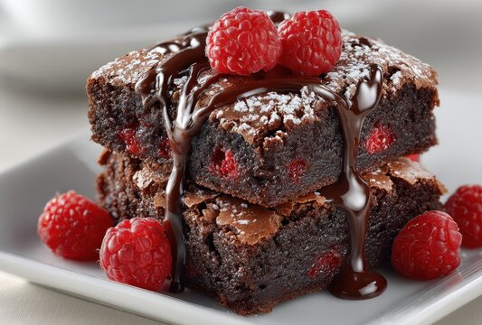 Decadent Chocolate Brownies with Fresh Raspberries and Rich Chocolate Sauce Drizzled on Top for a Gourmet Desset Experience