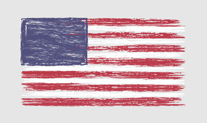 Creative artistic flag of the United States. Handdrawn design of US flag. T shirt print concept. Abstract graphic elements. Isolated brushing stroke lines. Happy 4 th of July template.