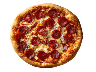 Whole pepperoni pizza with melted cheese and tomato sauce on white background, top view