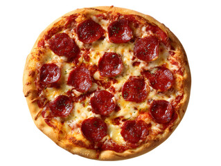 Whole pepperoni pizza with melted cheese and tomato sauce on white background, top view