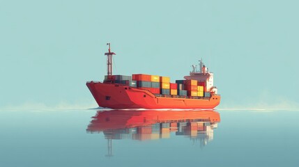 Maritime freight vessel flat design side view theme: ocean trade 3D render vivid.