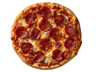 Whole pepperoni pizza with melted cheese and tomato sauce on white background, top view