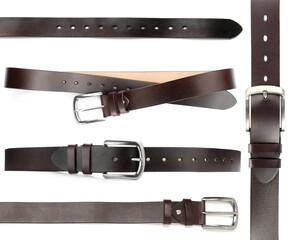 Dark leather belt on white background, collage