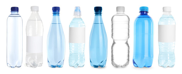 Plastic bottles with water on white background, set