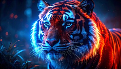 Majestic Tiger in Glowing Lights with Intense Gaze, Jungle Background, and Wildlife Portrait.