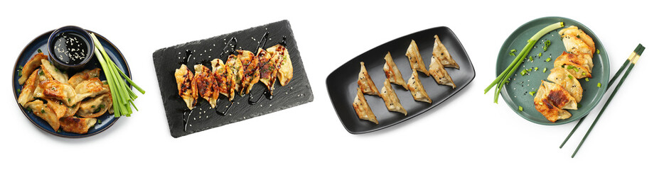 Tasty fried gyoza (dumplings) on white background, collage. Top view