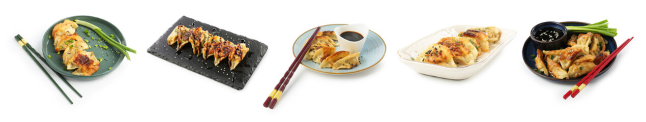 Tasty fried gyoza (dumplings) on white background, collage