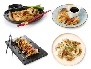 Tasty fried gyoza (dumplings) on white background, collage