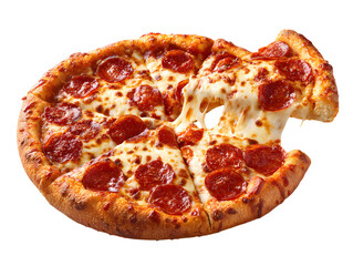 Pepperoni pizza slice with cheese pull on white background