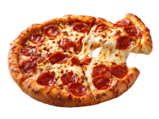 Pepperoni pizza slice with cheese pull on white background