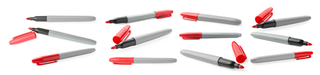 Bright red marker isolated on white, collage. View from different sides