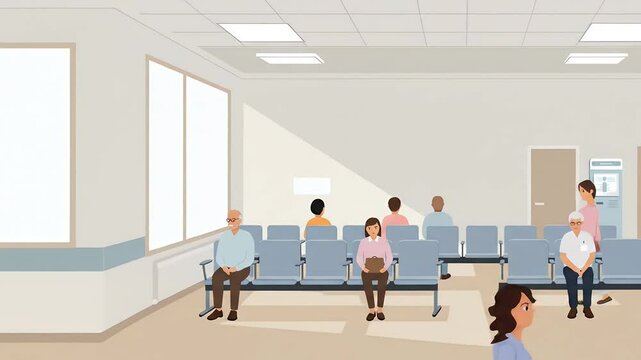 Animated hospital waiting room with patients sitting and staff walking in clinical environment