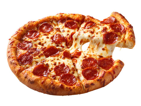 Pepperoni pizza slice with cheese pull on white background - Powered by Adobe