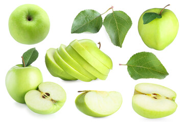 Fresh green apple fruits and leaves isolated on white, collage
