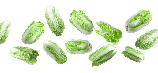 Fresh Chinese cabbages falling on white background