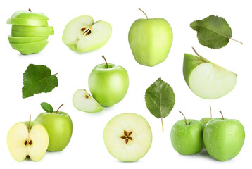 Fresh green apple fruits and leaves isolated on white, collage