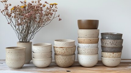 Stacked ceramic cups with neutral tones flatlay, elegant minimalist tableware display for design or kitchen styling