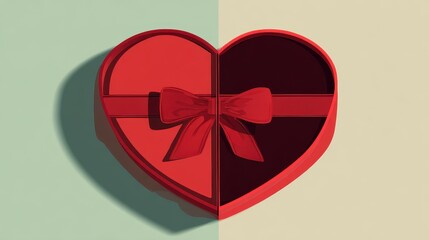 Red heart-shaped box with ribbon flat design top view surprise gift theme cartoon drawing Split-complementary color scheme
