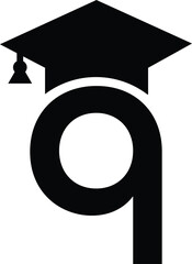 Stylized educational typography featuring lowercase and uppercase letters topped with academic graduation caps, symbolizing modern learning and creative academic design, letter q education hat