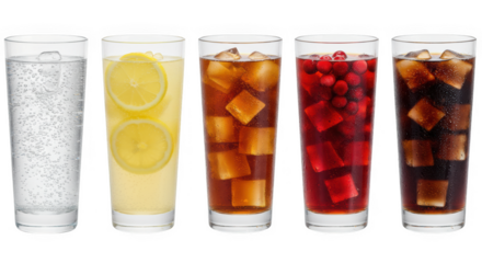 Five glasses of various soft drinks, showcasing different colors and ice, isolated on transparent background