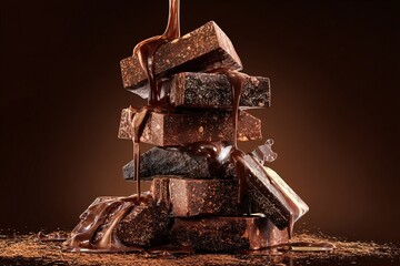 A dessert photo of chocolate syrup flowing over a stacked piece of chocolate. Generative AI
