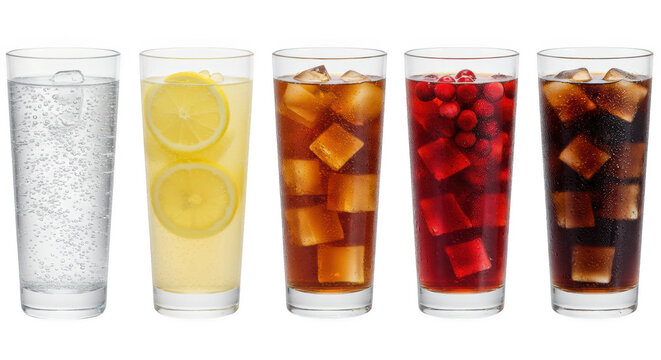 Five glasses of various soft drinks, showcasing different colors and ice, isolated on transparent background