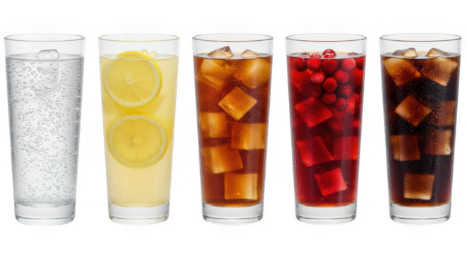 Five glasses of various soft drinks, showcasing different colors and ice, isolated on transparent background