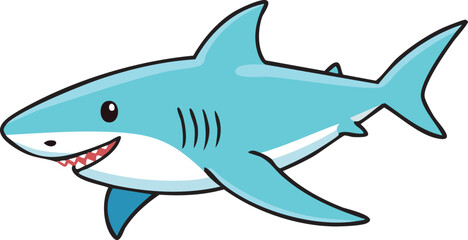 Cartoon illustration of a smiling shark with blue skin, fins, and teeth.