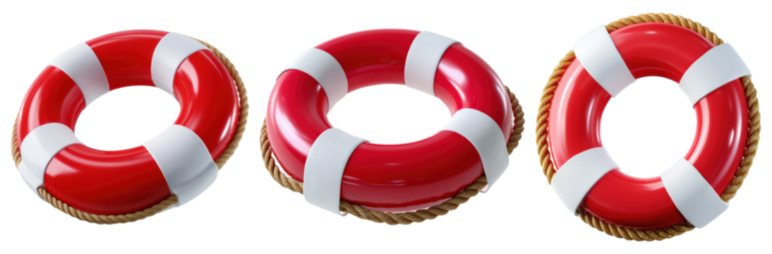 Red lifebuoys with white safety straps and rope, cartoon 3D rescue icons, isolated on transparent background