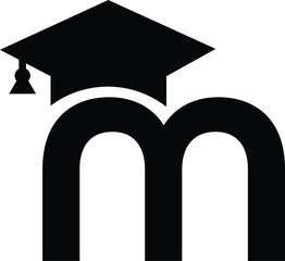 Stylized educational typography featuring lowercase and uppercase letters topped with academic graduation caps, symbolizing modern learning and creative academic design, letter m education hat