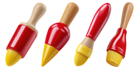 Set of red and yellow silicone kitchen brushes with wooden handles, cartoon 3D cooking utensils, isolated on transparent background