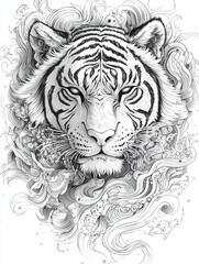 Intricate Black and White Illustration of a Majestic Tiger Face