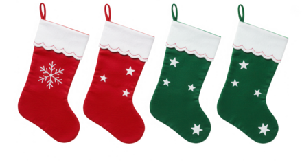 Four christmas stockings in red and green, isolated on transparent background