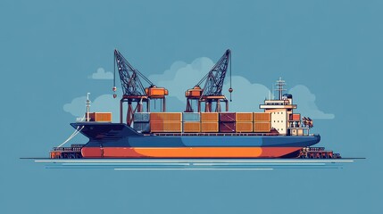 Fototapeta premium Ocean cargo carrier flat design side view theme: port activity cartoon drawing Split-complementary color scheme