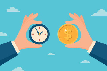 Time is Money Vector Illustration. Businessman Hands Holding Clock and Dollar Coin. Financial Management Banner, Investment, Deadline, Productivity, Profit, Efficiency, Success Concept Flat Design