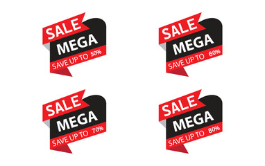 Set of sale tags. Ribbon sale banners. Red ribbon price and discount labels. Red starburst stickers. icon