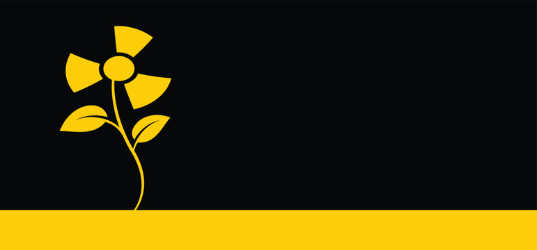 Radioactive nuclear symbol with flower. Uranium reactor concept. Bloom with leaves. Nuclear power energy. Plant logo. The most common radioactive elements are uranium, radium, polonium, and thorium.