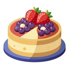 Vector cheesecake with berries on top, stylized details and white background