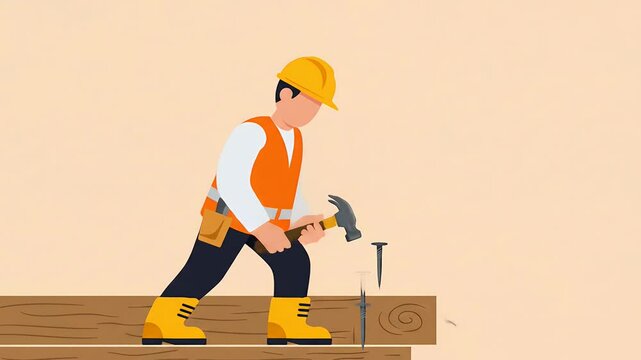 Cartoon construction worker hammering a nail into wooden beam while wearing safety gear