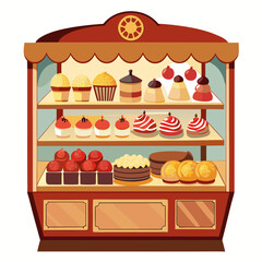 Vintage-style vector of a bakery display case with cakes and pastries, white background