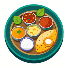 Indian thali platter with curry, rice, naan, chutneys in vector format, white background