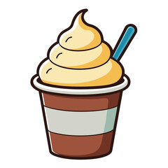 Pudding cup vector illustration with whipped cream and spoon, white background