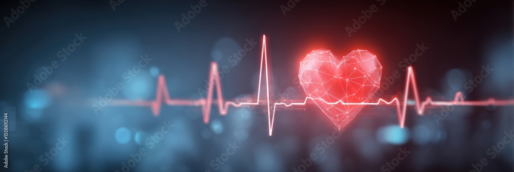 Poster Heartbeat Line Transforms Into Heart Icon Over Medical Background Illustrating the Connection Between Technology and Health