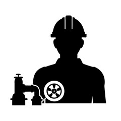 Plumber or Engineer Worker Silhouette Icon with Hard Hat and Industrial Water Pipe Valve